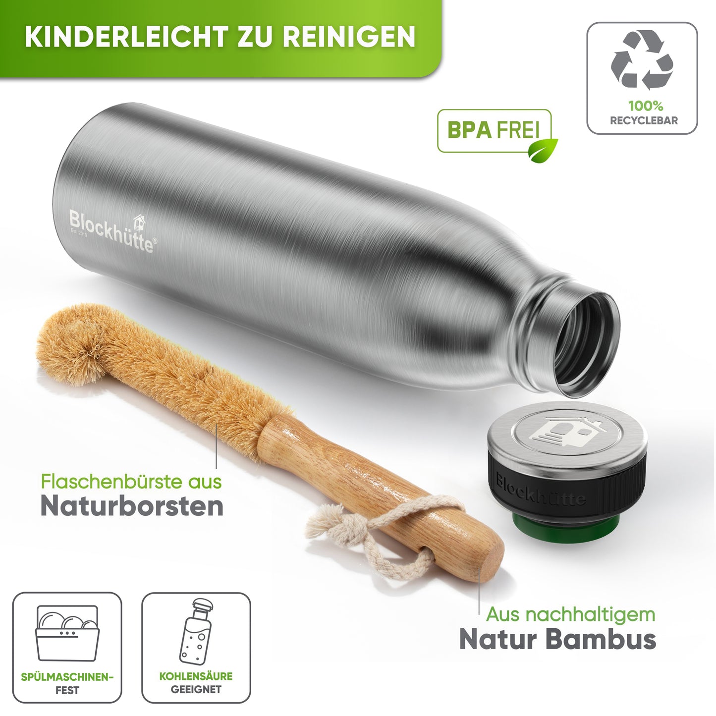 Premium Edelstahl Sport Trinkflasche mit Flaschenbuerste personalisiert